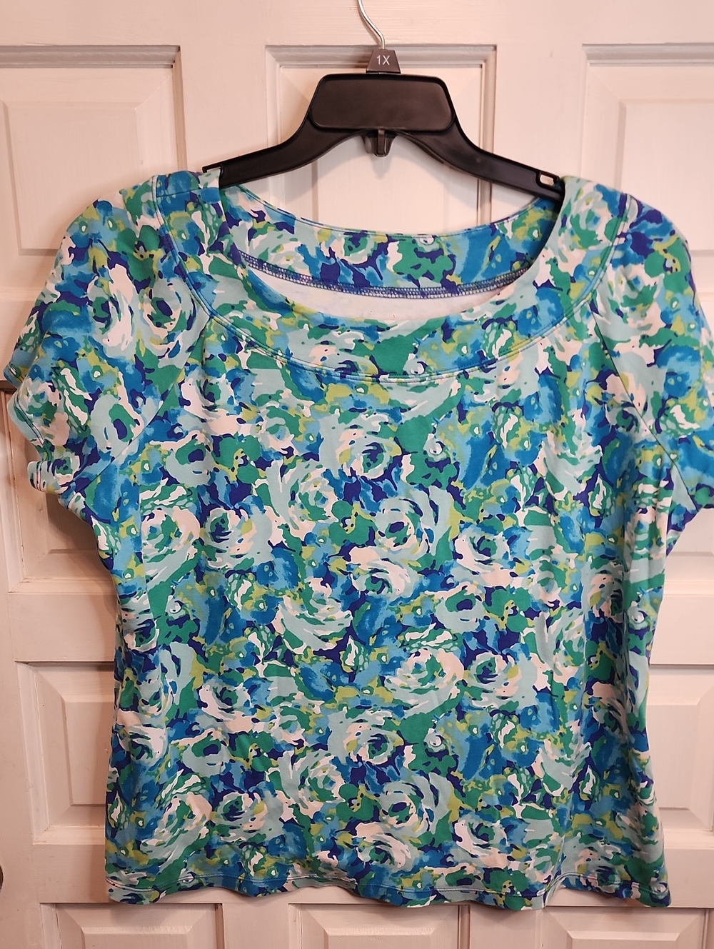 KIM ROGERS Women's Blue-Green Floral Scoop Neck Top